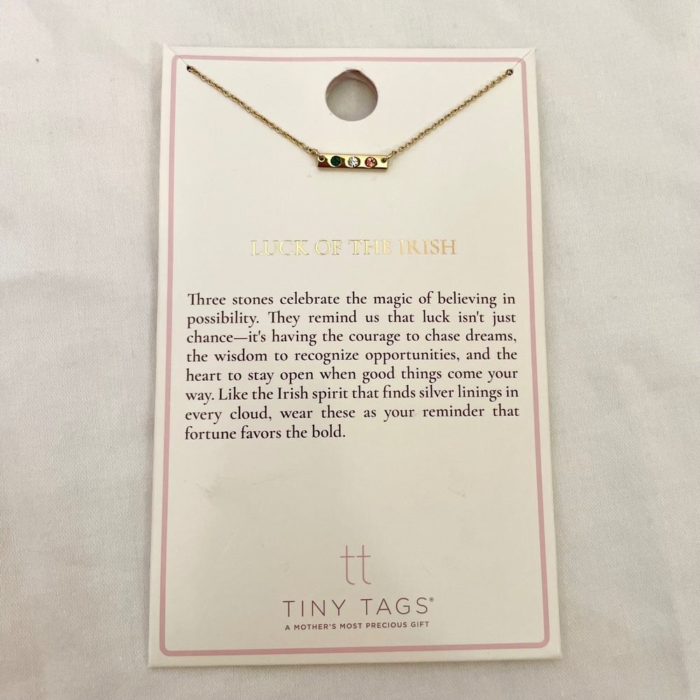 Tiny Tags‎ Luck of the Irish Gold Tone 3 Stone Bar Necklace NEW